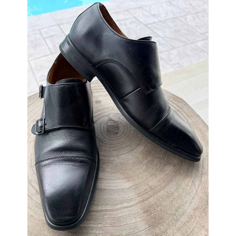 La Milano Men's Leather Double Monk Strap Dress Shoes - Black Size 8.5